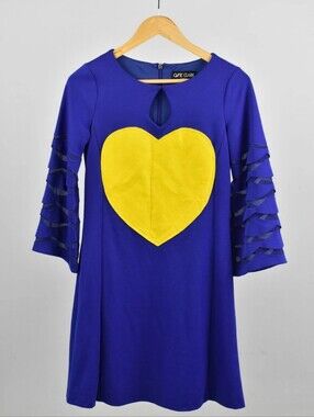 Ossie Clark A-Line Dress Blue Yellow Heart Accent 3/4 Sleeve